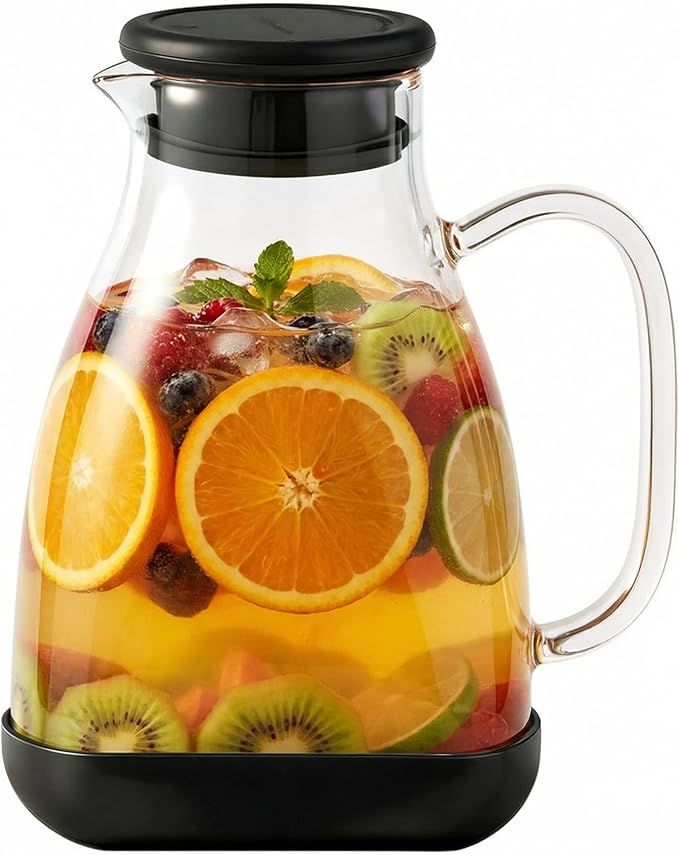 Glass Pitcher with Lid, 68 oz, Hot/Cold Glass Water Jug with Silicone Lid by spreccio