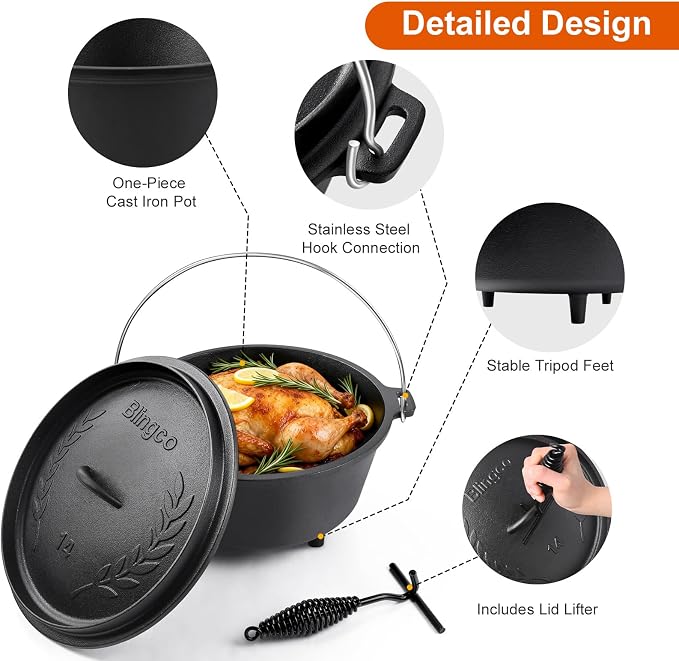 10 QT Pre-Seasoned Cast Iron Camp Dutch Oven - Image 3