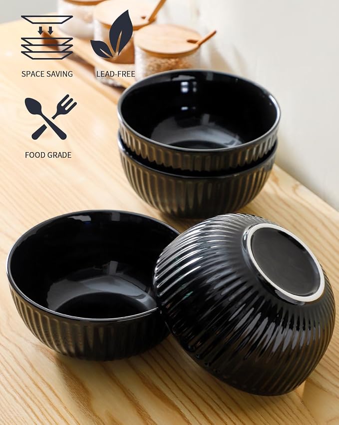 HASENSE 7 Inch Large Serving Bowls Set of 4, 42 Oz Black Ceramic Salad Bowl - Image 3