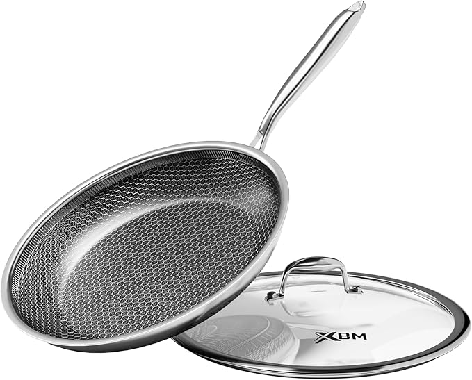 Nonstick Frying Pan with Lid 10-Inch, Durable Stainless Steel Skillet, by XBM