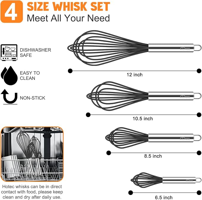 HOTEC 4 Pieces Silicone Whisks Set, Wire Balloon Whisks Egg Beater, Non-slip - Image 2