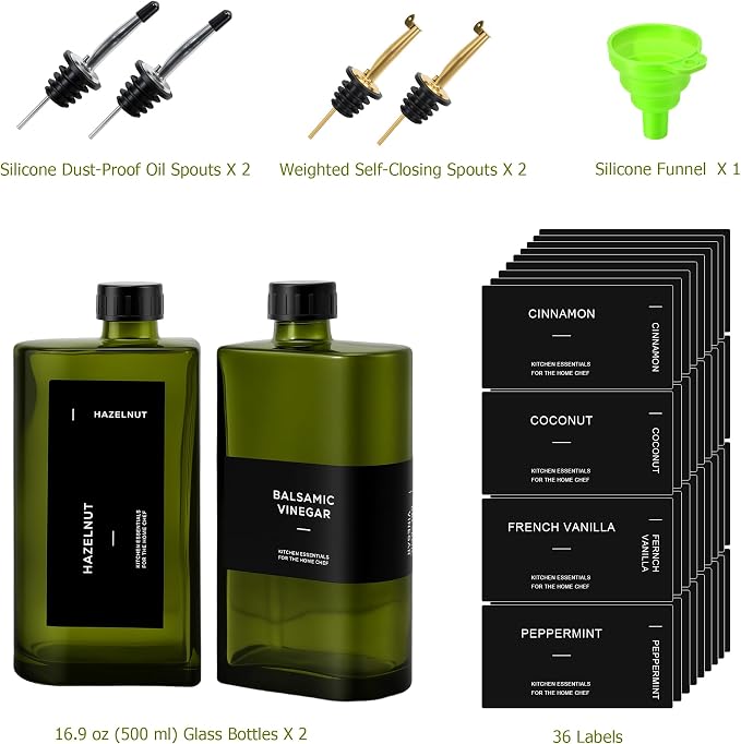 R DRURLCD Dark Green Glass Olive Oil Dispenser Set of 2, 16.9oz/500ml Curved - Image 6