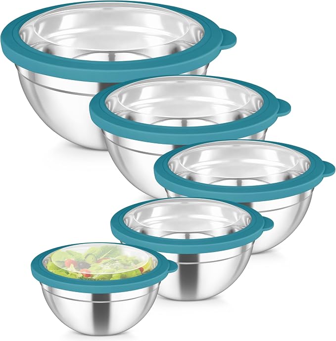 TeamFar Mixing Bowls Set, 4.5/3/1.5/1/0.7 QT Stainless Steel Nesting Salad Bowls by TeamFar
