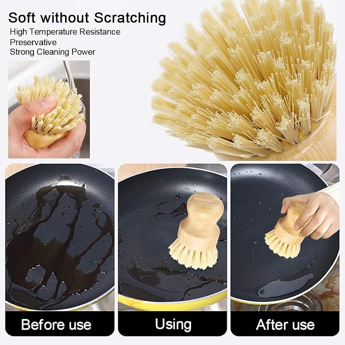 2 Pack Bamboo Dish Scrub Brush, Picowe Natural Scrub Cleaning Brush Vegetable - Image 3