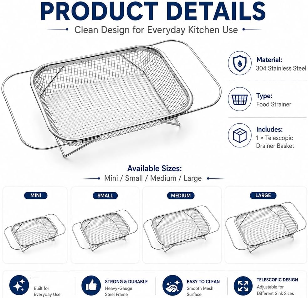 Stainless Steel Telescopic Drainer Basket Adjustable with Handles,M