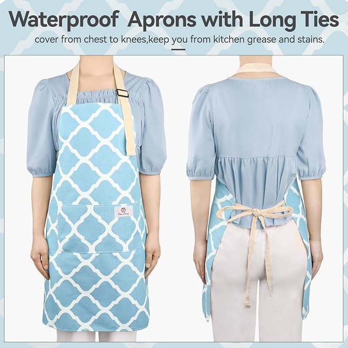 2 Pieces Aprons for Women with Pockets, Cotton Linen Waterproof Kitchen Cooking - Image 4