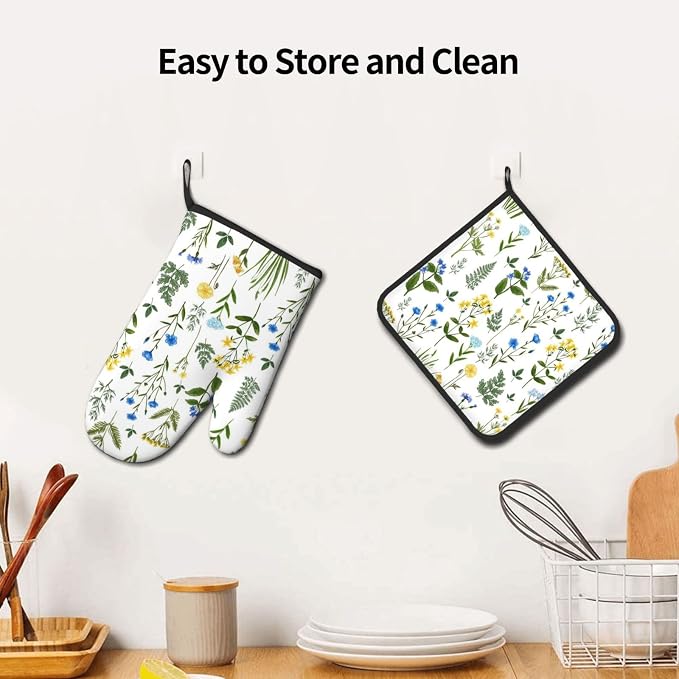 Blue Yellow Green Floral Oven Mitts & Pot Holders Sets of 3, Heat Resistant Sky - Image 6