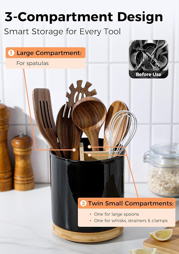 LoeJan 3 Compartment Utensil Holder, Extra Large Utensil Crock, Stable Ceramic - Image 3
