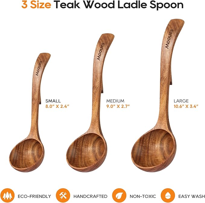 Wooden Ladle for Soup, 3 Size Teak Wood Ladle Spoon - Image 5