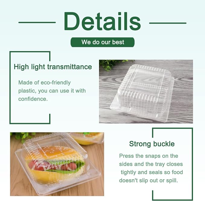 Jizvxe 100 Pack Clear Plastic Square Hinged Food Container, Disposable Plastic - Image 3