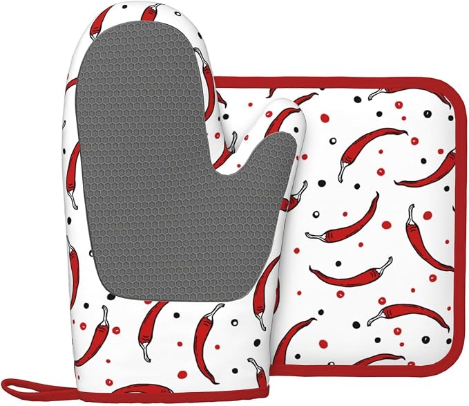 Pepper Silicone Oven Mitts Pan Mats Set of 2, Heat Resistant Gloves Potholder - Image 2