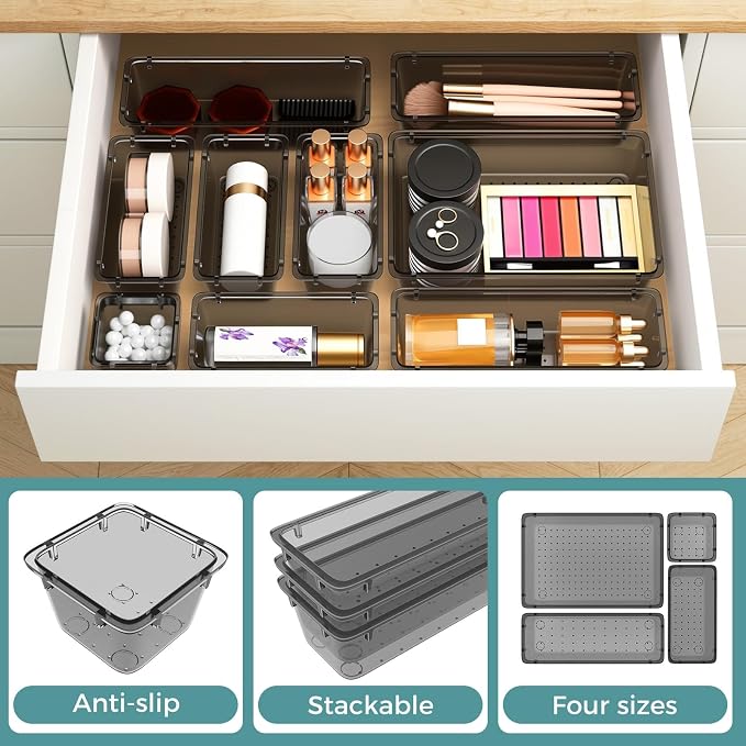WOWBOX 44 PCS Clear Plastic Drawer Organizer Set, 4 Varied Size storage Bins - Image 4