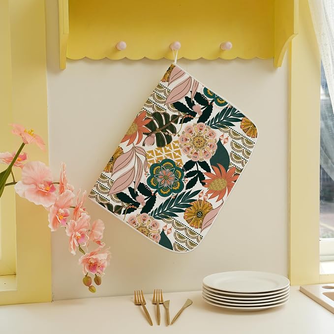 Boho Dish Drying Mat 18 x 24 Inch Pink Green Floral Drying Mat - Image 3