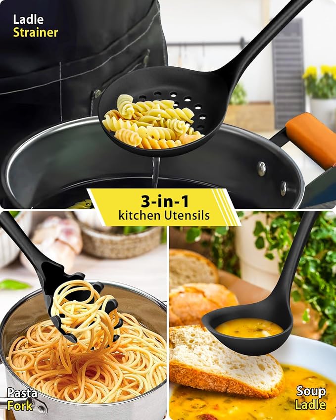 3 Pcs Silicone Kitchen Utensils Set, Soup Ladle-Pasta Fork-Slottede Spoon - Image 7