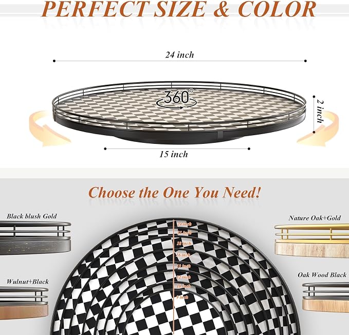 24" Black and White Kitchen Lazy Susan Turntable, Round Checkered Decorative - Image 6