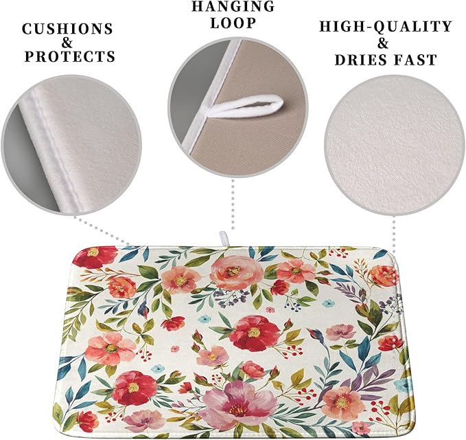 Floral Dish Drying Mat for Kitchen Counter Absorbent Microfiber Dishes Drying - Image 3