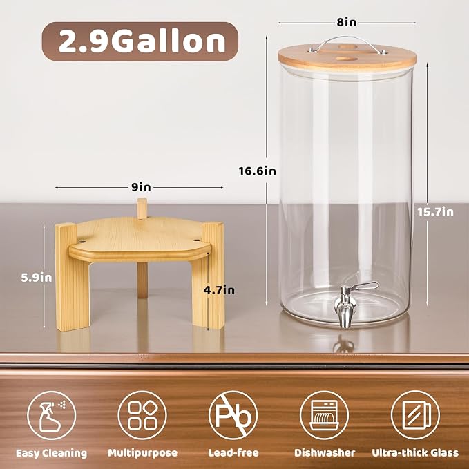 Beverage Dispenser 2.9 Gallon, Glass Drink Dispenser - Image 2