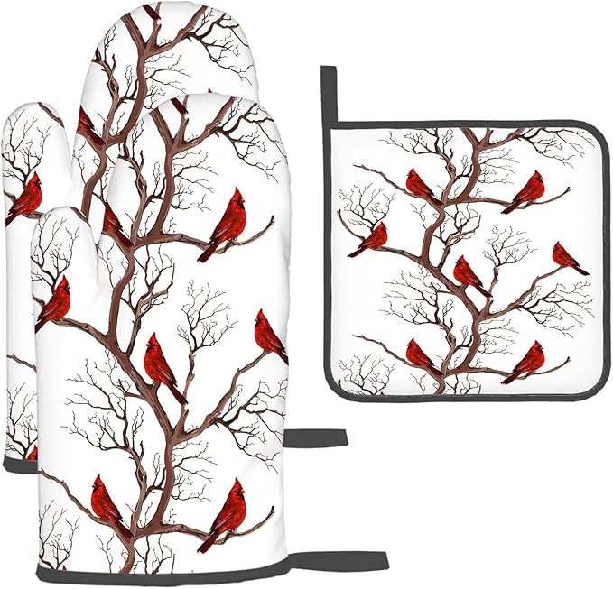 Winter Cardinal Birds Oven Mitts and Pot Holders Sets of 3 Kitchen Hot Pads by Unknown
