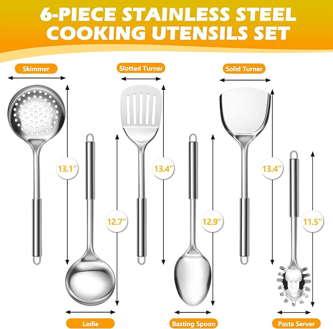 E-far 6-Piece Cooking Utensils Set, Stainless Steel Kitchen Utensils, Metal - Image 2