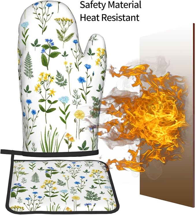 Blue Yellow Green Floral Oven Mitts & Pot Holders Sets of 3, Heat Resistant Sky - Image 7