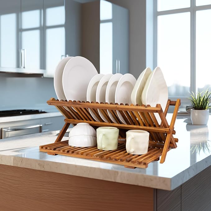 Utoplike Large Teak Dish Drying Rack, Wooden 3 Tier Collapsible Dish Draine - Image 7