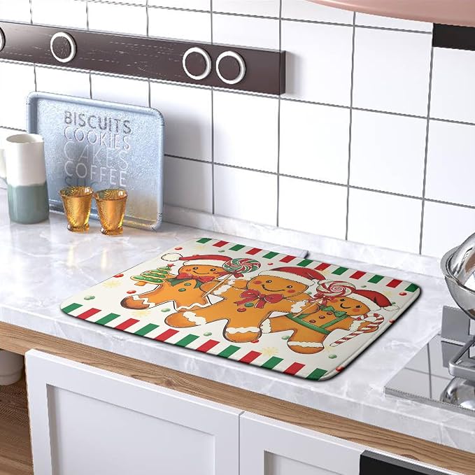 Christmas Dish Drying Mat Gingerbread Man Candy Cane Xmas Tree Drying Mats - Image 5