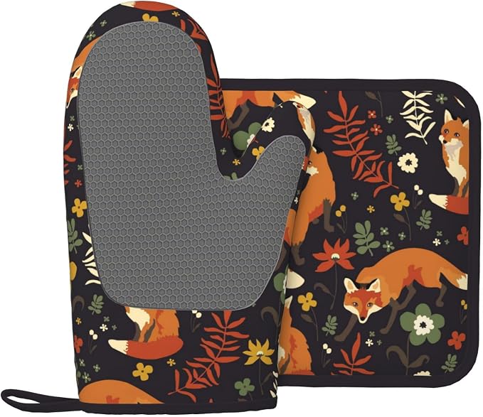 Fox Silicone Oven Mitts Pan Mats Set of 2, Heat Resistant Gloves Potholder - Image 2