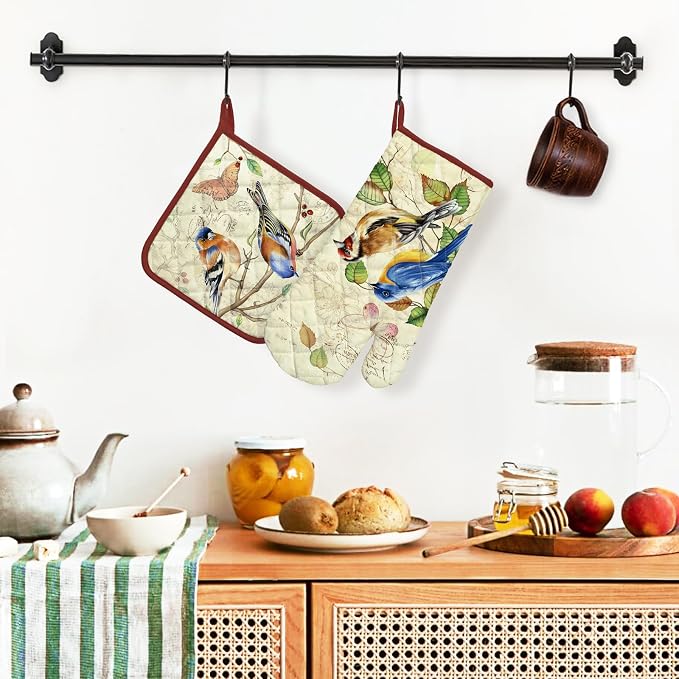 Vintage Bird Oven Mitts and Pot Holders Sets 2Pcs, 100% Cotton Heat Resistant - Image 5