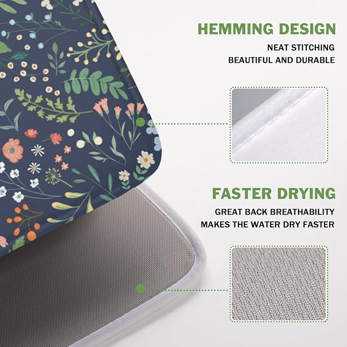 Floral Dish Drying Mat for Kitchen Counter Rustic Flower Leaves Print - Image 4