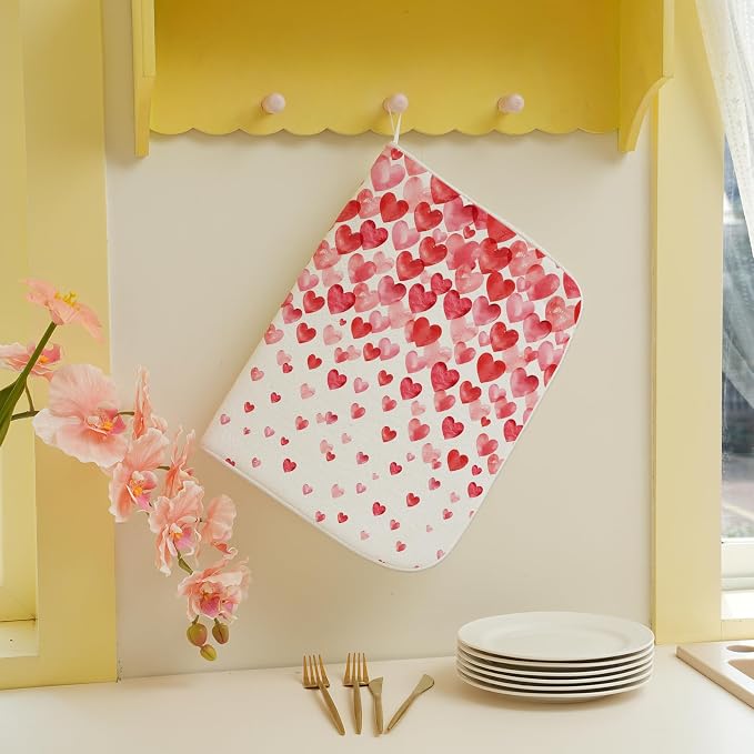Valentines Dish Drying Mat 18x24 Inch Watercolor Red Pink Love Hearts Drying - Image 5