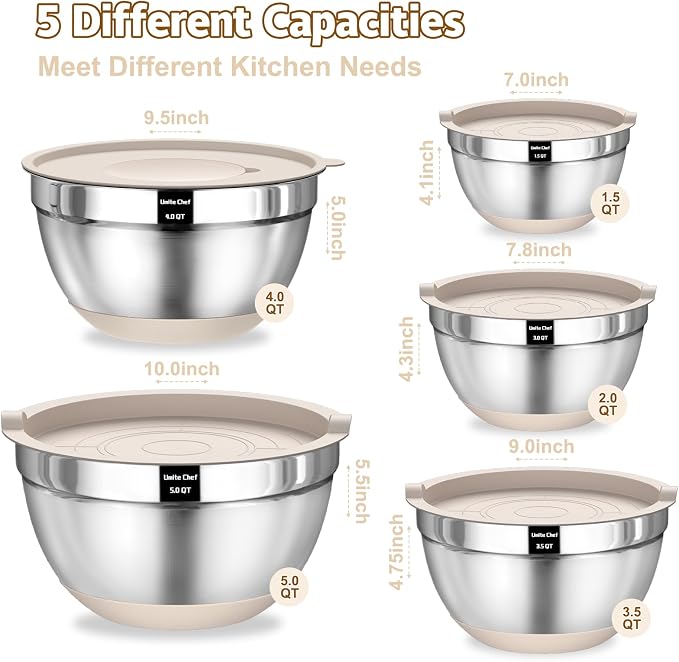 Umite Chef Mixing Bowls with Airtight Lids Set, Non-Slip Bottoms, 1.5QT - Image 2