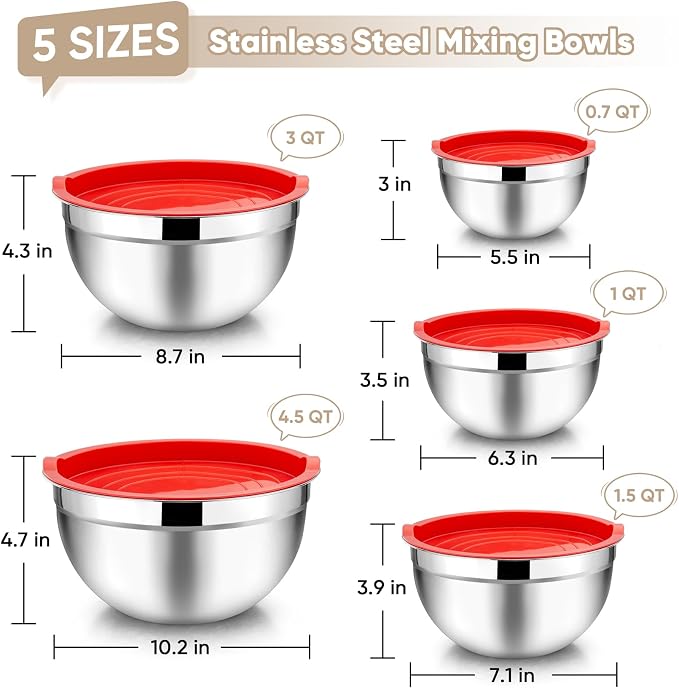 TeamFar Mixing Bowls, 4.5/3/1.5/1/0.7 QT, Stainless Steel Metal Nesting Salad - Image 2