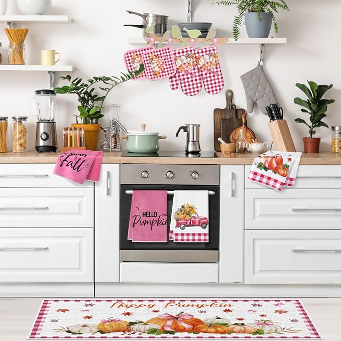 Fanfanwin 10 Pcs Thanksgiving Pumpkin Kitchen Decor Set Pink Kitchen Towels Pot - Image 2