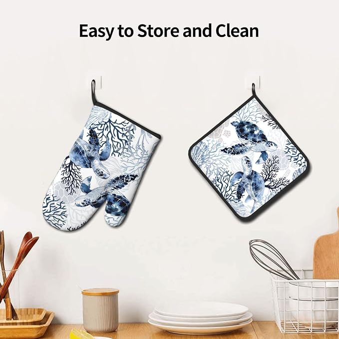 Coastal Oven Mitts and Pot Holders Sets of 2 Summer Kitchen Mitts Blue Sea - Image 6