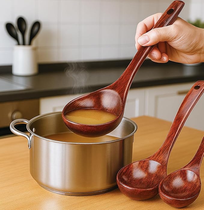 HANSGO Wooden Ladle for Soup, 3 Size Wooden Spoons for Deep Pot & Bowl - Image 3