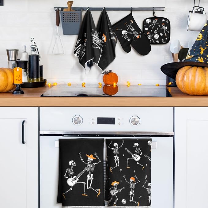 Leinuosen 8 Pcs Skull Kitchen Decor Set Kitchen Towels Gothic Oven Mitts and - Image 2