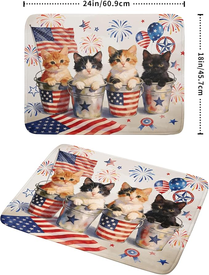 Vintage Patriotic Dish Drying Mat Cute Cats American Flag Drying Matt Kitchen - Image 2