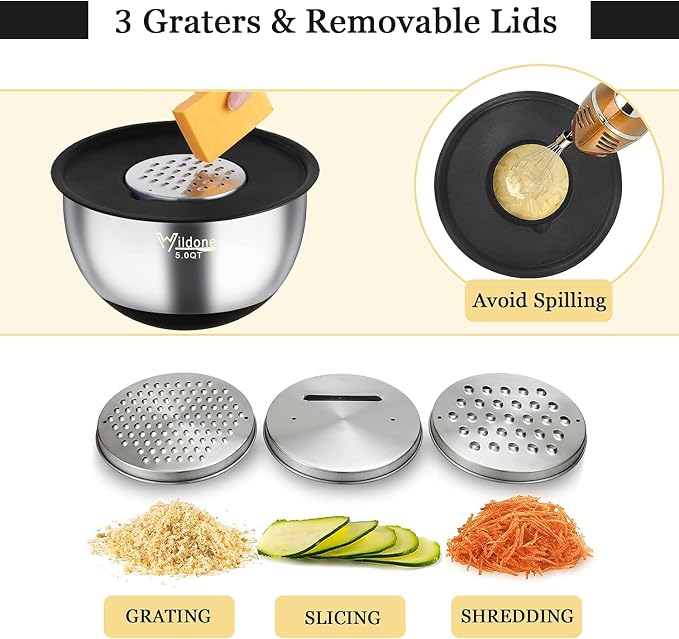 Wildone Mixing Bowls with Airtight Lids, with 3 Grater Attachments, Scale Marks - Image 3