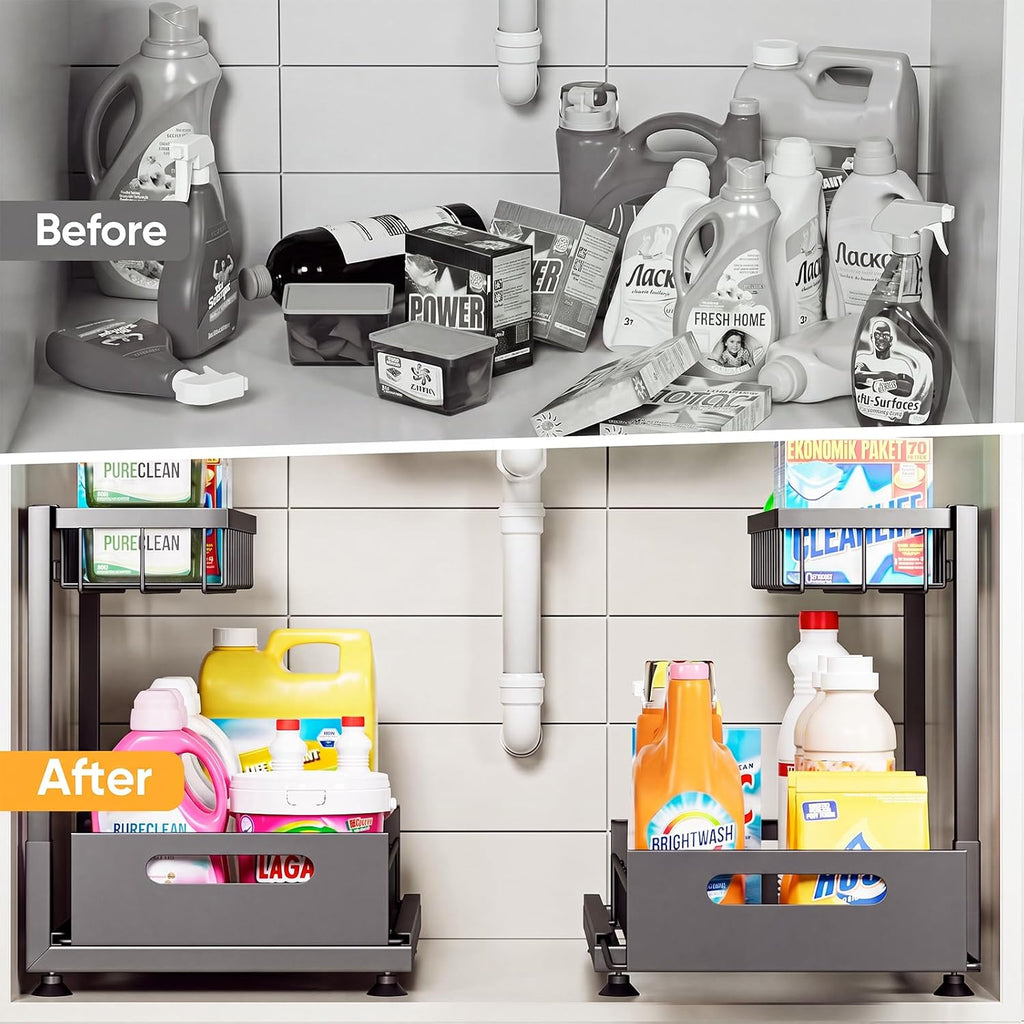 2-Pack L-Shaped Under Sink Organizer, 2-Tier Pull-out Cabinet Rack