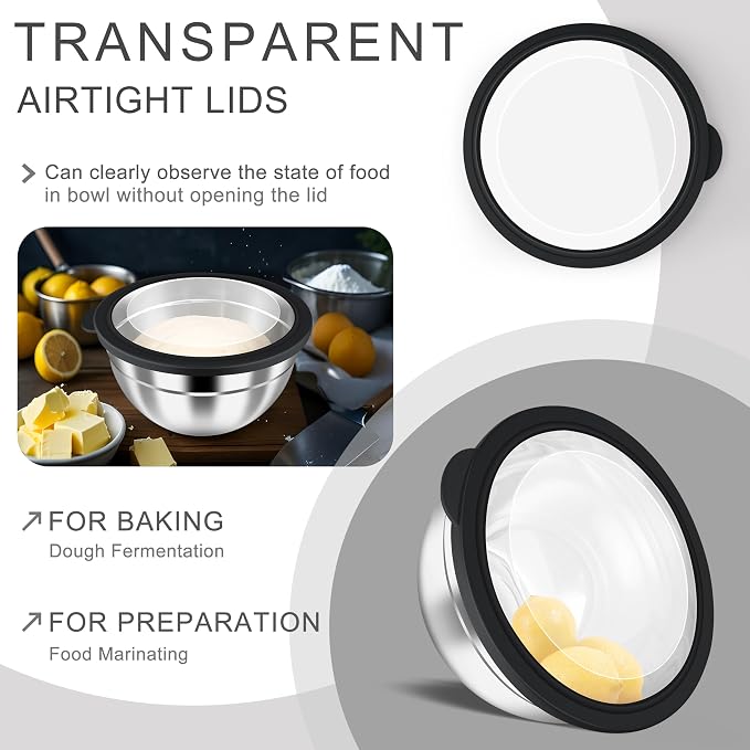 HaWare Mixing Bowls with Airtight Clear Lids, 6-Piece Stainless Steel Strong - Image 3