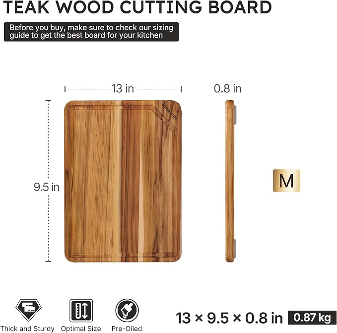 Teak Wood Cutting Board for Kitchen 13inch Charcuterie Board Serving Heavy Duty - Image 2