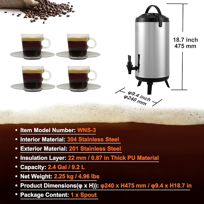VEVOR Stainless Steel Insulated Beverage Dispenser, 2.4 Gallon 9.2 Liter - Image 7
