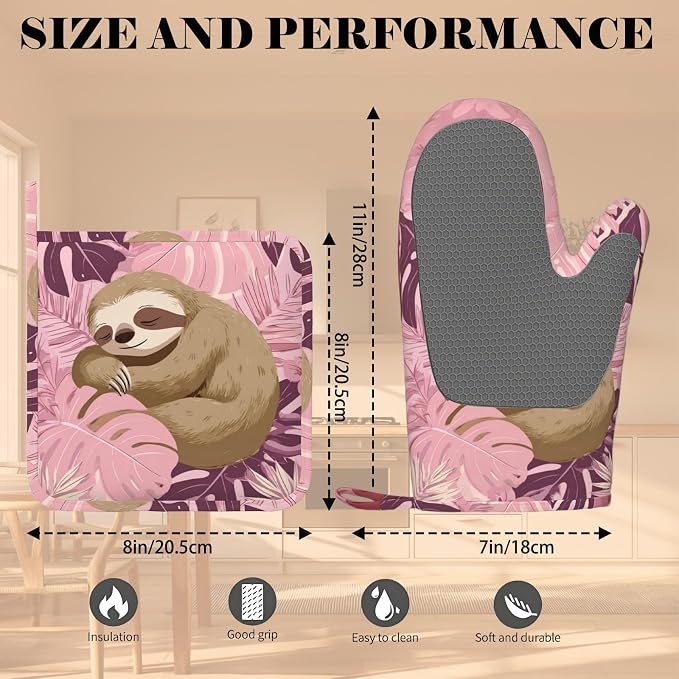 Pink Sloth Heat-Resistant Oven Mitts and Pot Holder Cute Animal Kitchen - Image 3