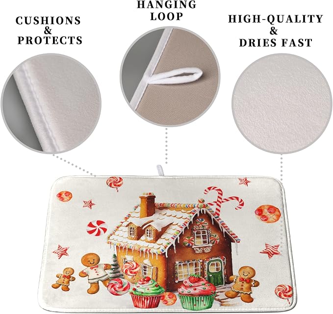 Christmas Dish Drying Mat for Kitchen Counter 16x18 Gingerbread House Man Candy - Image 3