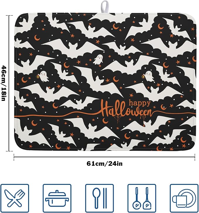 Halloween Drying Mats for Kitchen Counter 18”x24” Happy Halloween Spooky Bat - Image 2