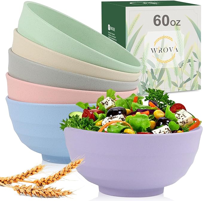 Wrova Wheat Straw Bowls Set 60 OZ Unbreakable Large Cereal Bowls Set of 6 by WROVA