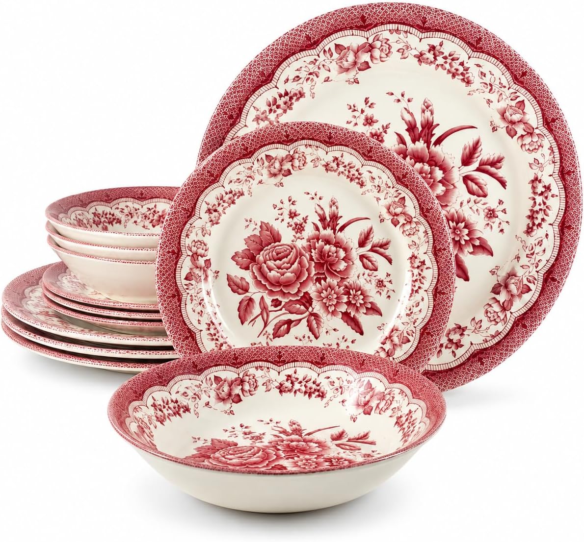 12-Piece Porcelain Dinnerware Set for 4, Victoria Red