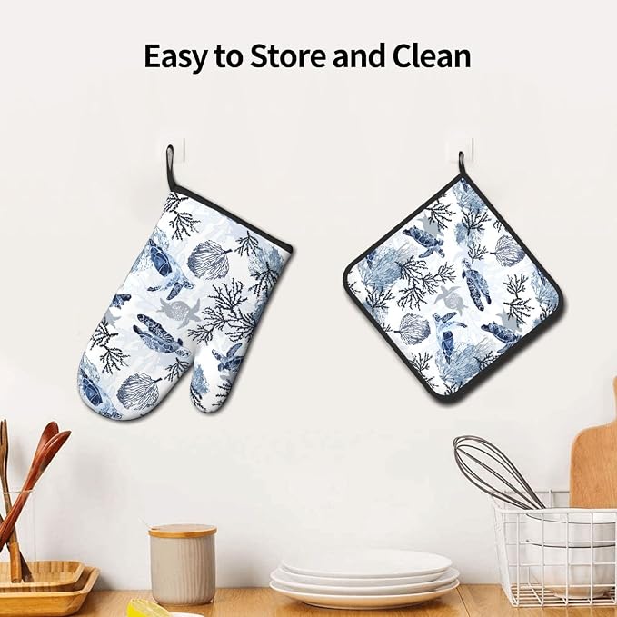 Navy Blue Ocean Sea Turtle Oven Mitts and Pot Holders Sets of 3, Heat Resistant - Image 5