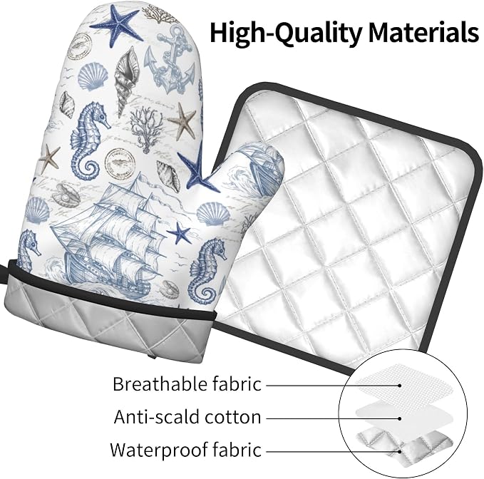 Navy Blue Oven Mitts and Pot Holders Sets Summer Beach Starfish Seashell Oven - Image 4