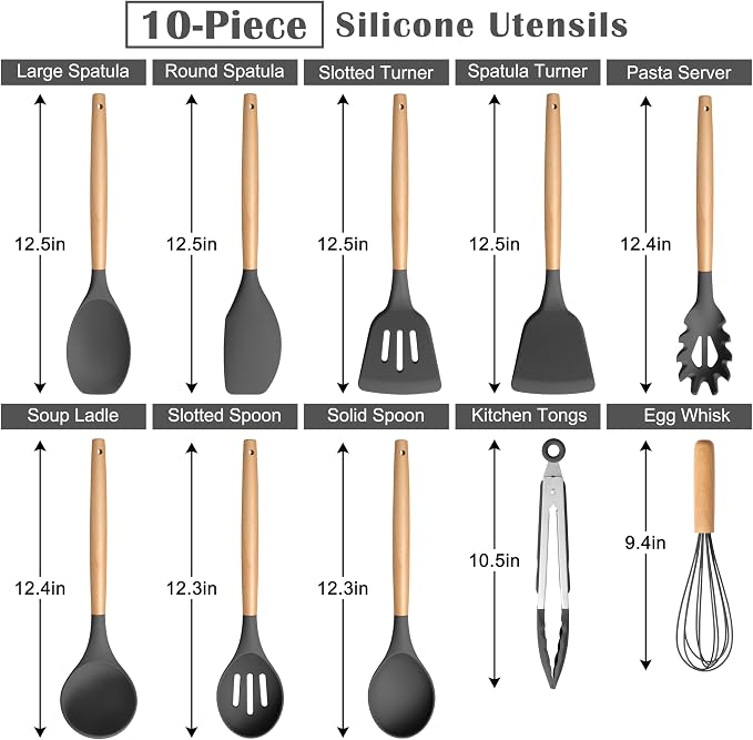 E-far Gray Silicone Cooking Utensils Set, 10-Piece Kitchen Utensils Set - Image 2